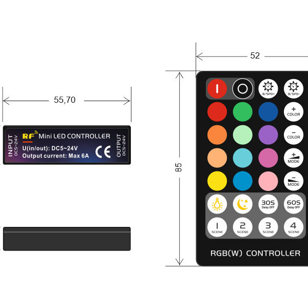 Controlador RF Mini tira LED RGBW + mando