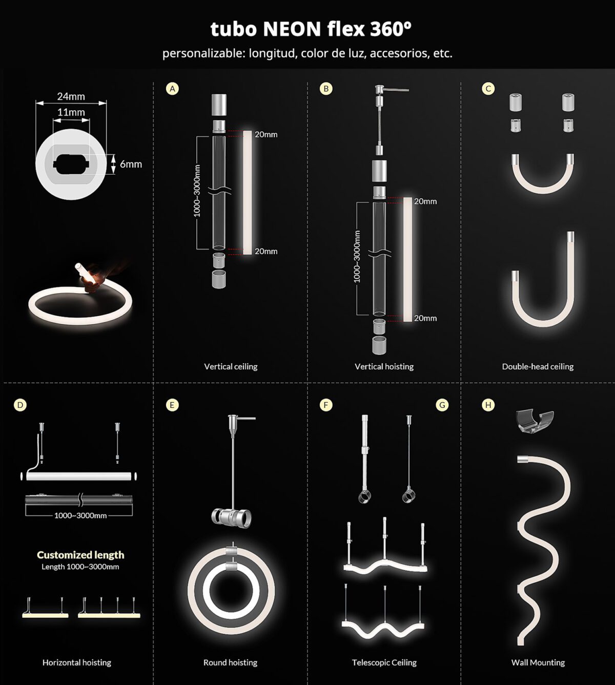 Kit accesorios NEON ⦰24mm instalación clip telescópico
