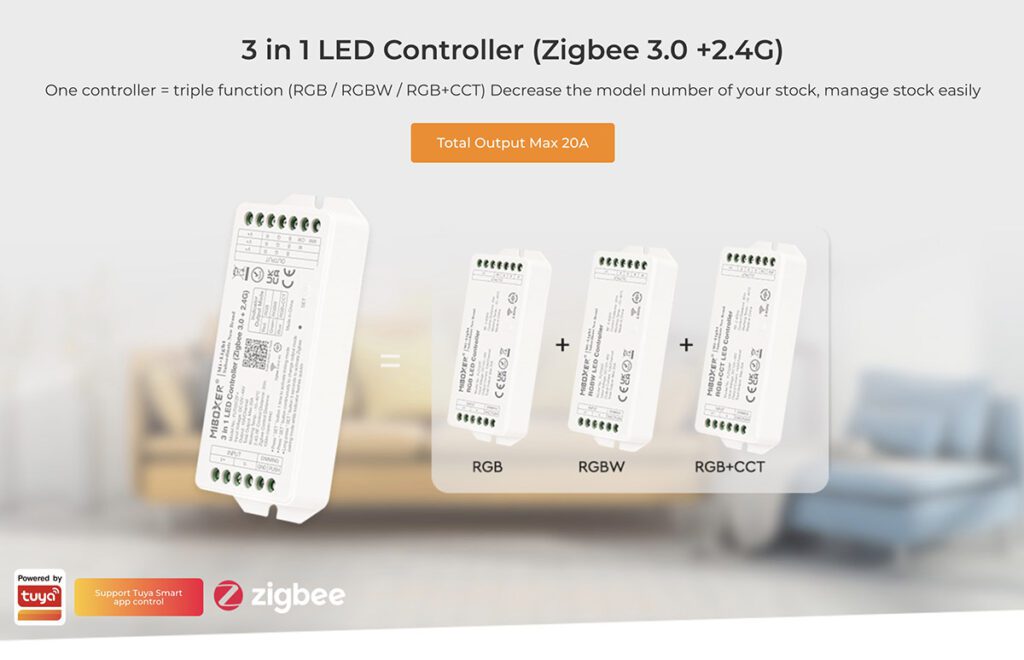ZigBee + 2.4G RF controlador DC12-48V - 3 en 1 RGB+RGBW+RGBCCT