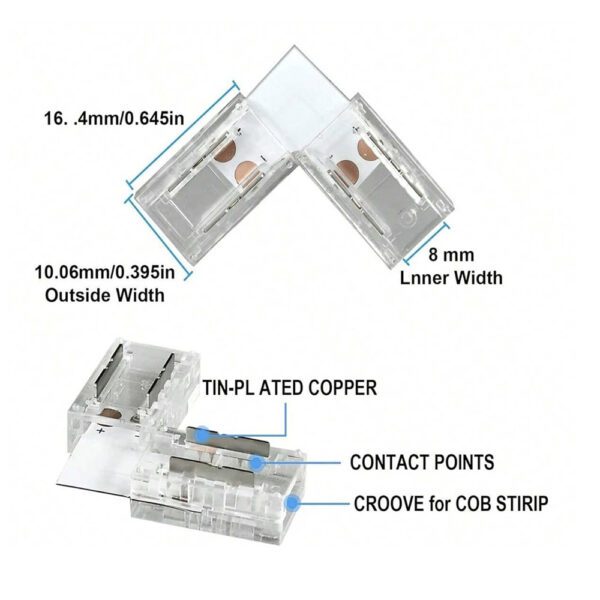 Conector L transparente para unión de tiras LED COB + SMD - 10mm